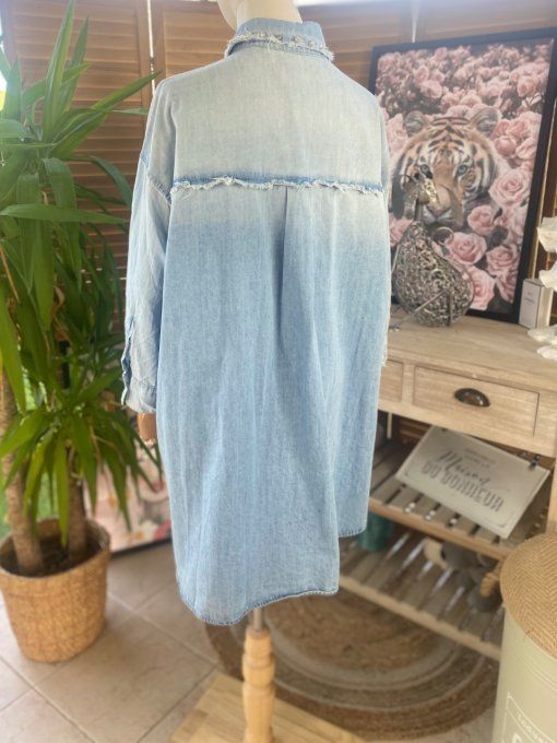 Chemise ample jeans stone délavé et rayée effet déstructuré strass argentés du 40 au 48/50