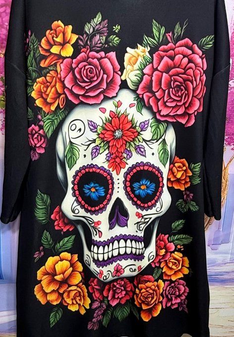 Robe-sweat à capuche mi-longue ample noire Mexican Skulls Calavera confort +++ du 42 au 52/54