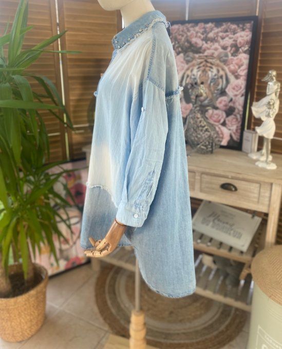 Chemise ample jeans stone délavé et rayée effet déstructuré strass argentés du 40 au 48/50
