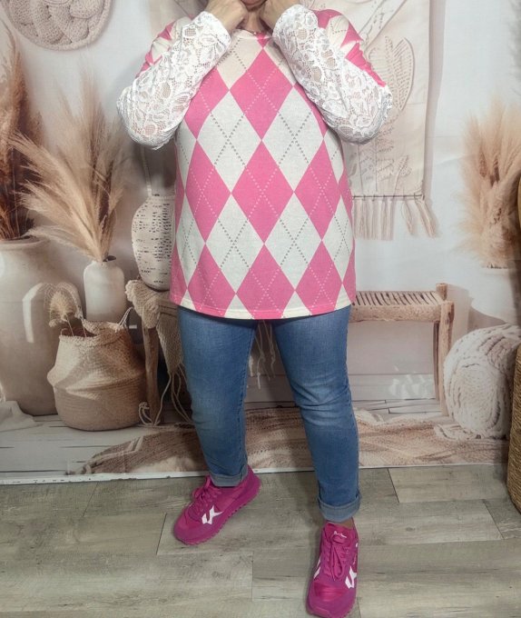 Top "2 en 1" Losanges Argyle Fuschia & manches longues en dentelle blanche du 36 au 46/48  