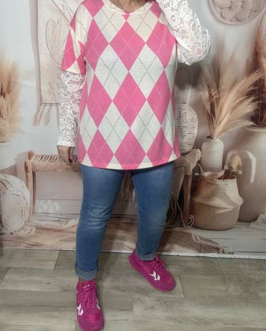 Top "2 en 1" Losanges Argyle Fuschia & manches longues en dentelle blanche du 36 au 46/48  