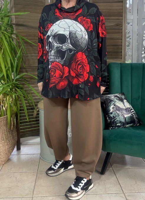 Top ample col bénitier noir Mexican Skulls & Red Roses du 42 au 54/56