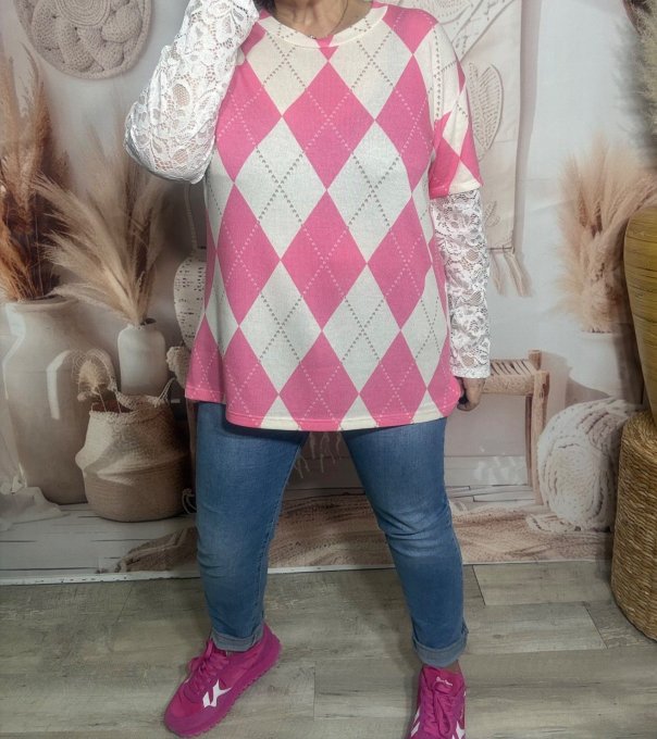 Top "2 en 1" Losanges Argyle Fuschia & manches longues en dentelle blanche du 36 au 46/48  
