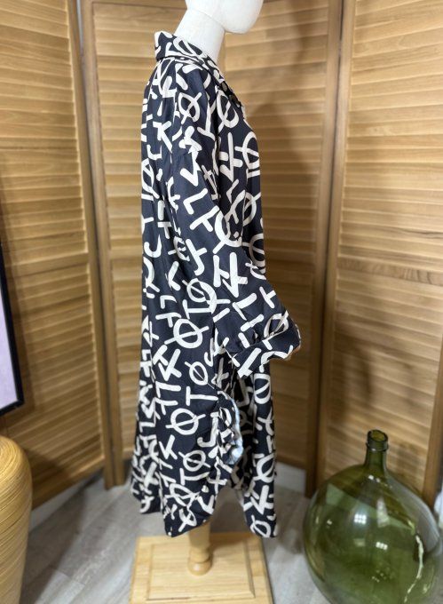 Robe-chemise longue noire volantées Graphiques beige du 40 au 50/52 