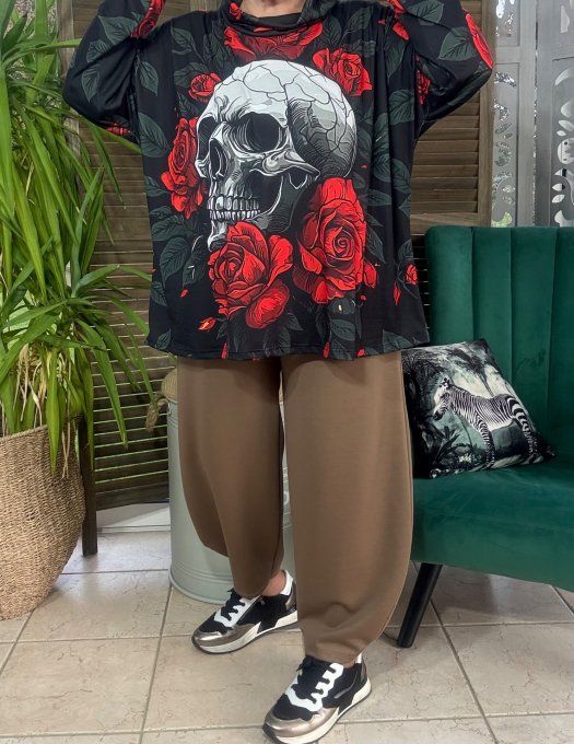 Top ample col bénitier noir Mexican Skulls & Red Roses du 42 au 54/56