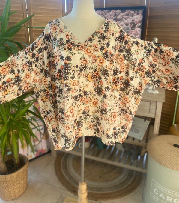 Blouse ample crème coton & soie Fleurs Liberty du 42 au 54/56