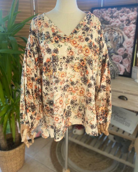 Blouse ample crème coton & soie Fleurs Liberty du 42 au 54/56