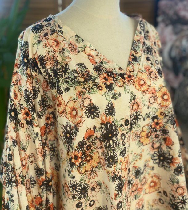 Blouse ample crème coton & soie Fleurs Liberty du 42 au 54/56