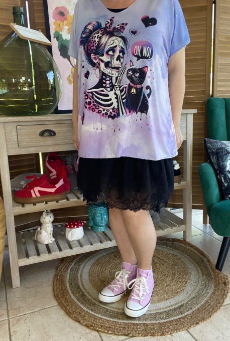 Top fin ample Lilas Mexican Skulls Catarina & the Black Cat du 40 au 52  