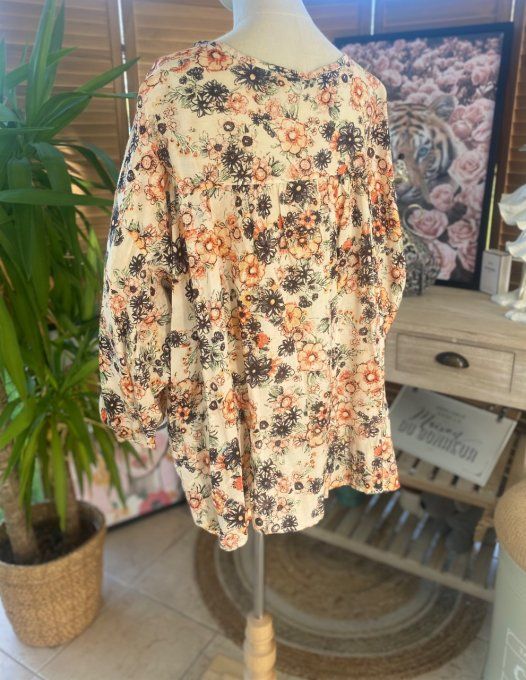 Blouse ample crème coton & soie Fleurs Liberty du 42 au 54/56