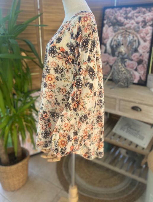 Blouse ample crème coton & soie Fleurs Liberty du 42 au 54/56