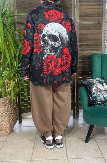 Top ample col bénitier noir Mexican Skulls & Red Roses du 42 au 54/56