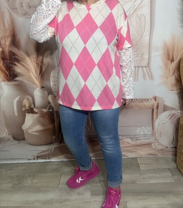 Top "2 en 1" Losanges Argyle Fuschia & manches longues en dentelle blanche du 36 au 46/48  