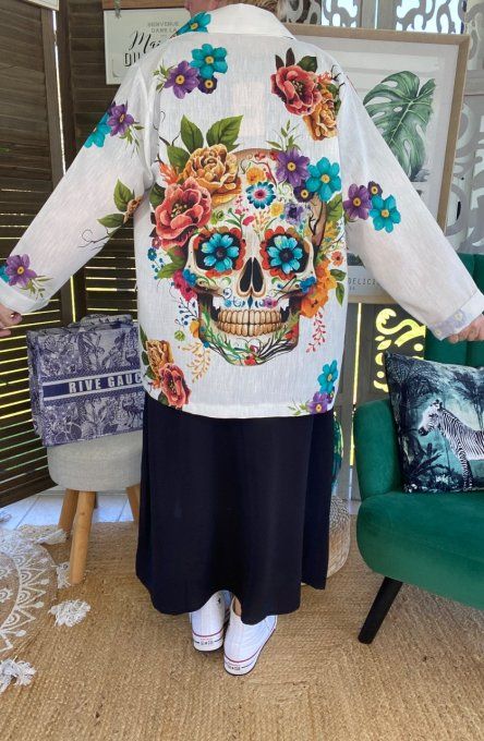 Veste blazer ample coton aspect lin Mexican Skulls Calavera du 40 au 46/48