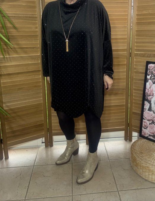 Robe ou tunique asymétrique velours ras noir strass paillettes argentées du 42 au 54/56