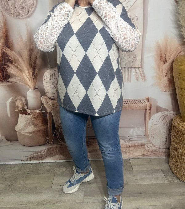 Top "2 en 1" Losanges Argyle Marine & manches longues en dentelle blanche du 36 au 46/48