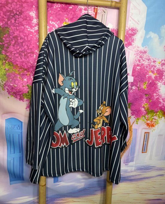 Sweat à capuche ample marine rayé blanc Tom et Jerry confort +++ du 38 au 50
