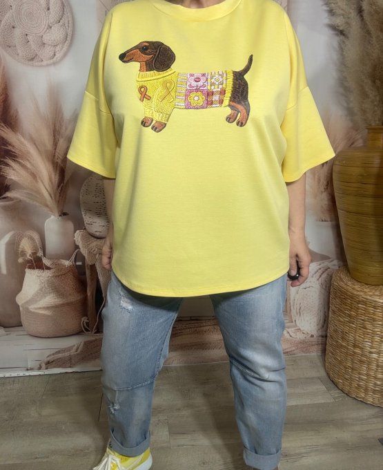 Sweat ample Jaune pastel manches 3/4 Mon Adorable Teckel Fashion du 38 au 48/50 