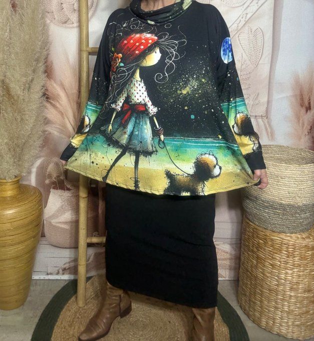 Top ample col bénitier noir La Fillette et le petit chien du 42 au 54/56 