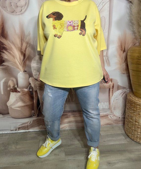 Sweat ample Jaune pastel manches 3/4 Mon Adorable Teckel Fashion du 38 au 48/50 