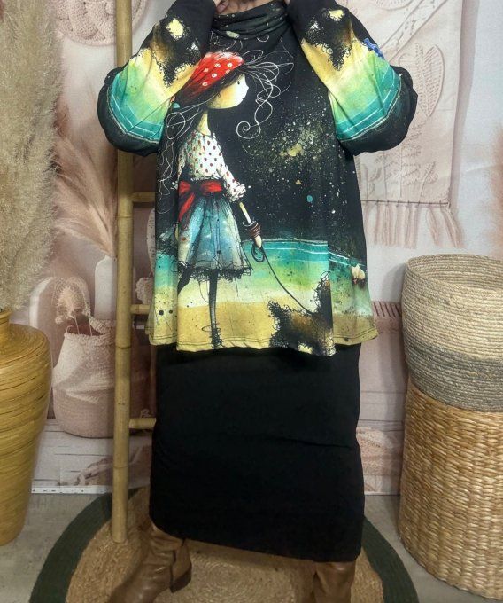 Top ample col bénitier noir La Fillette et le petit chien du 42 au 54/56 