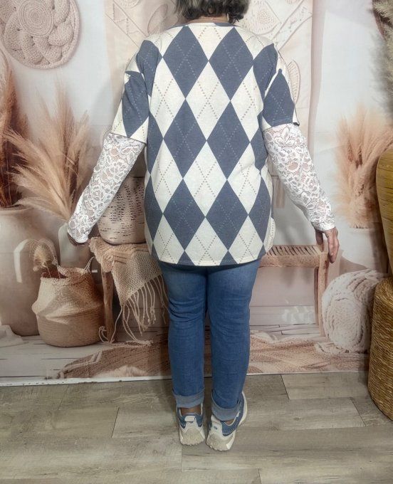 Top "2 en 1" Losanges Argyle Marine & manches longues en dentelle blanche du 36 au 46/48