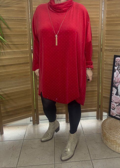 Robe ou tunique asymétrique velours ras rouge strass paillettes argentées du 42 au 54/56