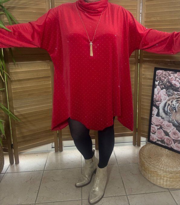 Robe ou tunique asymétrique velours ras rouge strass paillettes argentées du 42 au 54/56