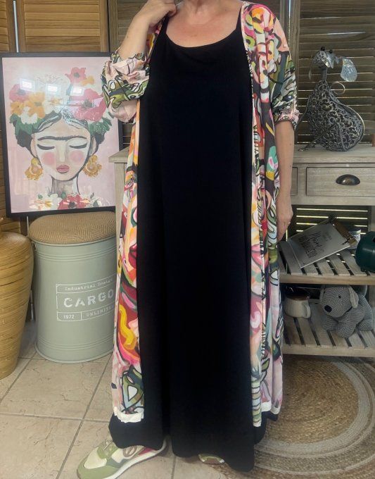 Robe trapèze longue à bretelles larges noire côtelée du 40 au au 52/54 