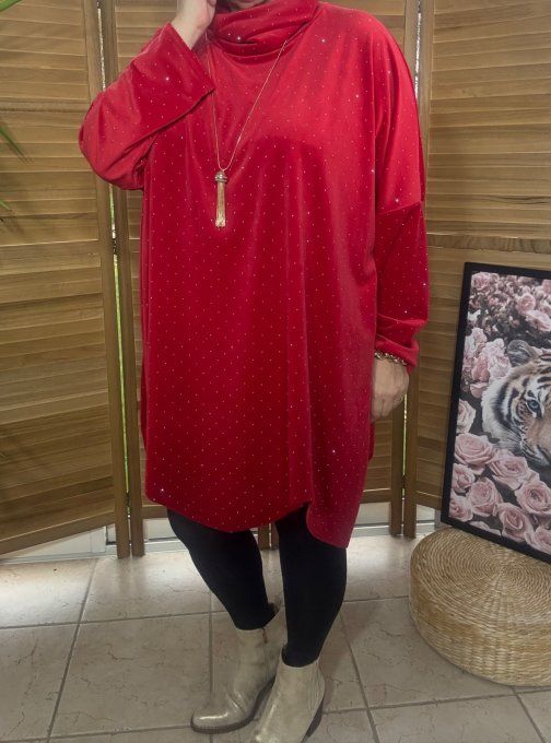 Robe ou tunique asymétrique velours ras rouge strass paillettes argentées du 42 au 54/56