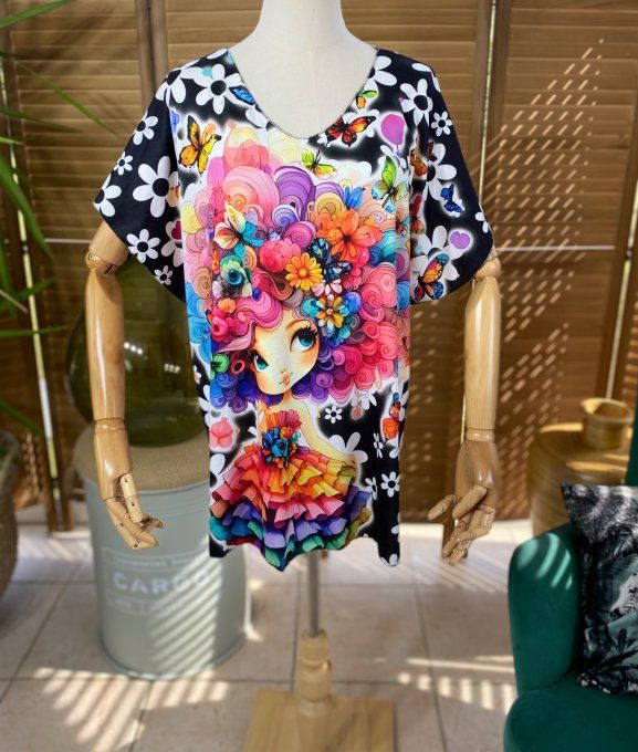 Top fin ample noir  & marguerites Hippie Girl du 40 au 52 