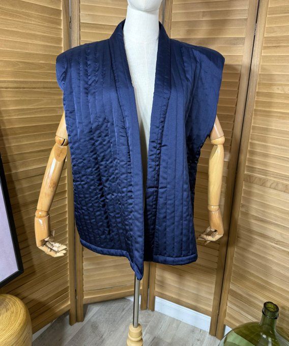 Veste courte sans manches matelassée satinée marine + ceinture du 36 au 50 et même + 
