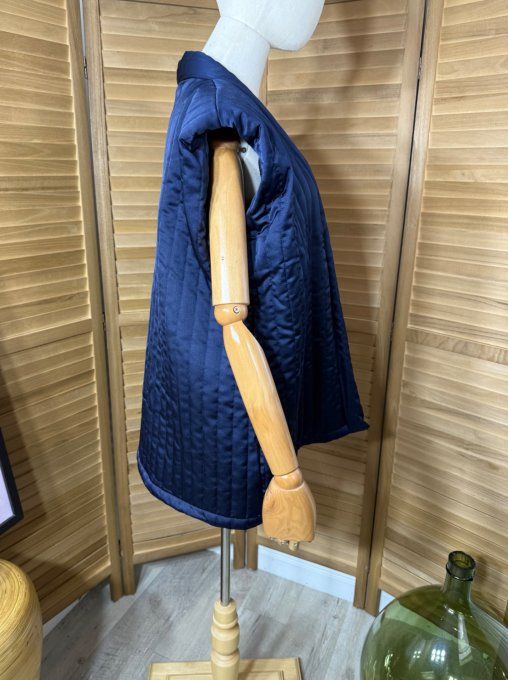 Veste courte sans manches matelassée satinée marine + ceinture du 36 au 50 et même + 