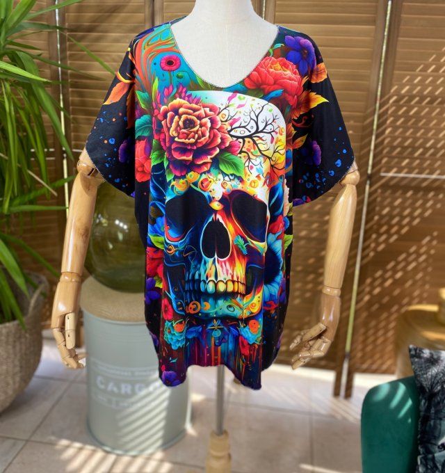 Top fin ample noir Mexican Skulls Calavera & Fleurs multicolores du 40 au 52  