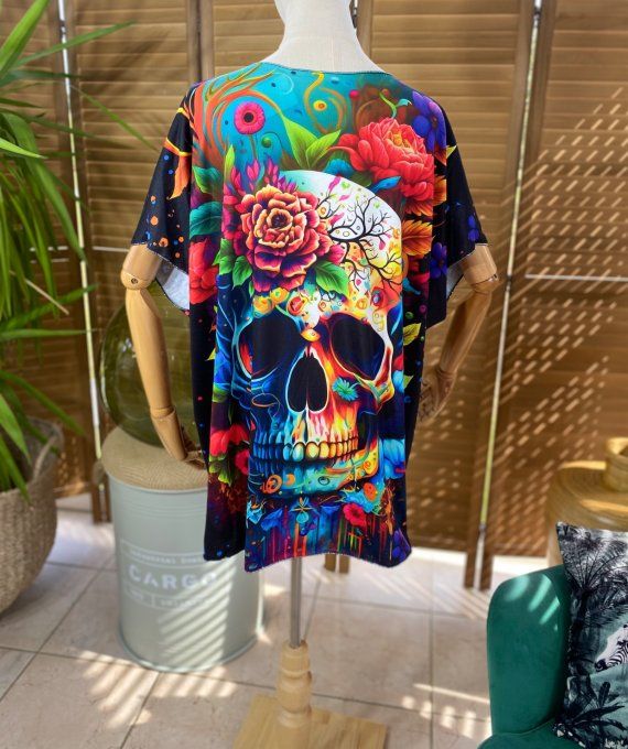 Top fin ample noir Mexican Skulls Calavera & Fleurs multicolores du 40 au 52  