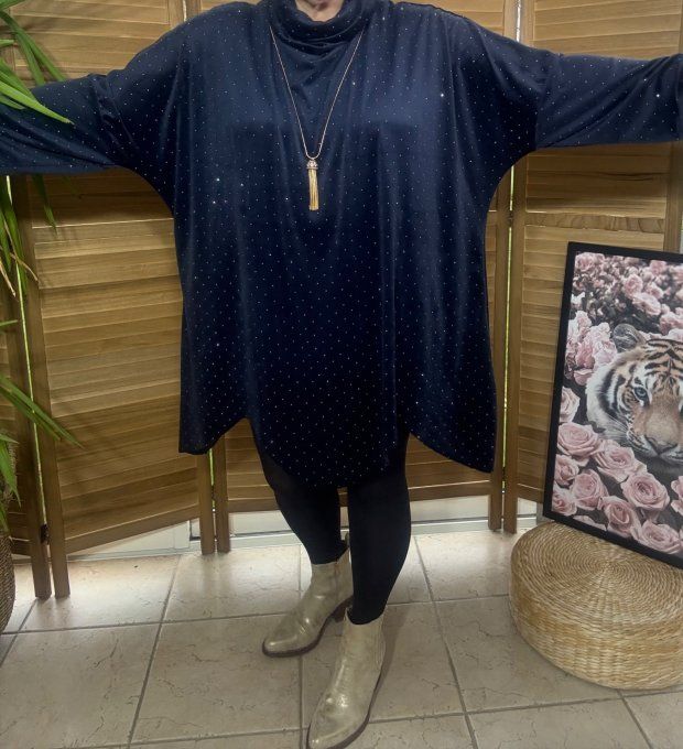 Robe ou tunique asymétrique velours ras bleu nuit strass paillettes argentées du 42 au 54/56