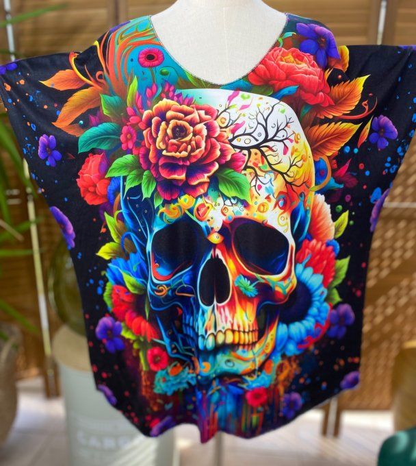 Top fin ample noir Mexican Skulls Calavera & Fleurs multicolores du 40 au 52  