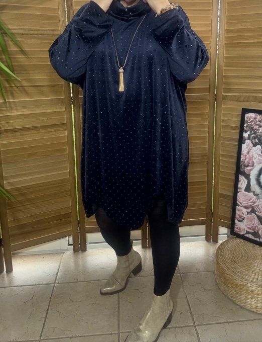 Robe ou tunique asymétrique velours ras bleu nuit strass paillettes argentées du 42 au 54/56