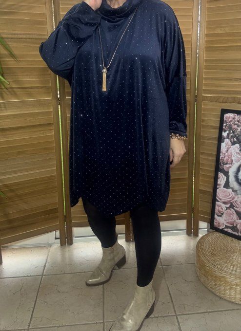 Robe ou tunique asymétrique velours ras bleu nuit strass paillettes argentées du 42 au 54/56