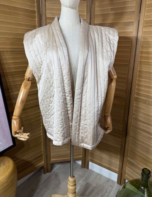 Veste courte sans manches matelassée satinée beige + ceinture du 36 au 50 et même +