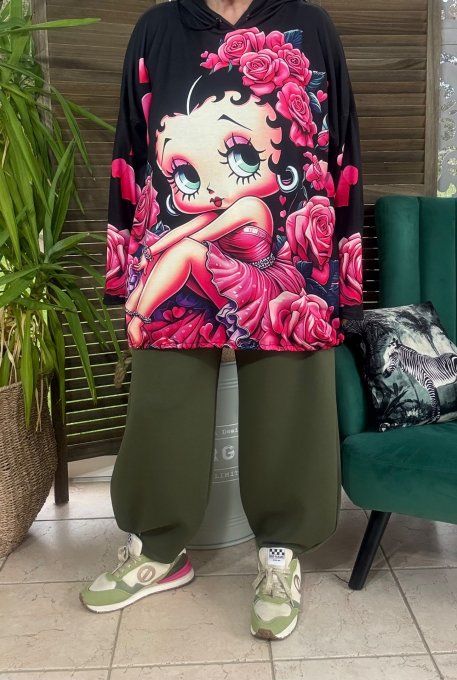 Sweat fin à capuche long noir Betty Boop aux roses roses du 40 au 52/54  