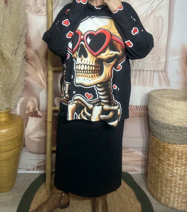 Top ample col bénitier noir Mexican Skulls Calavera lunettes coeurs du 42 au 54/56 
