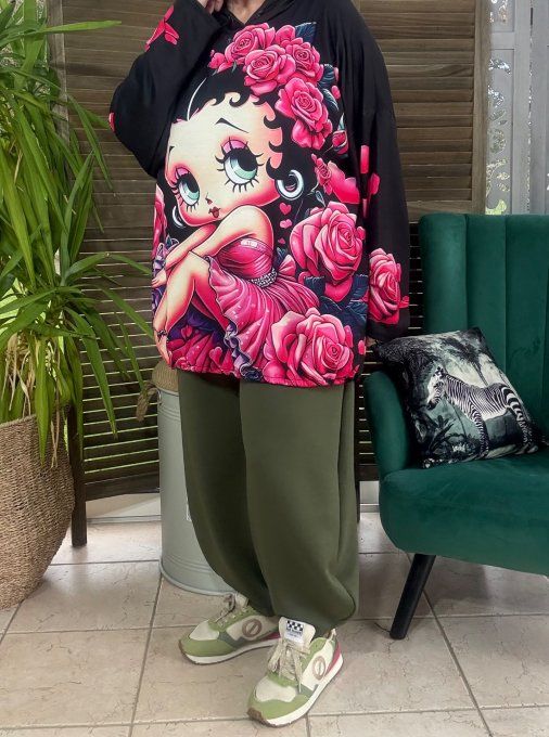 Sweat fin à capuche long noir Betty Boop aux roses roses du 40 au 52/54  