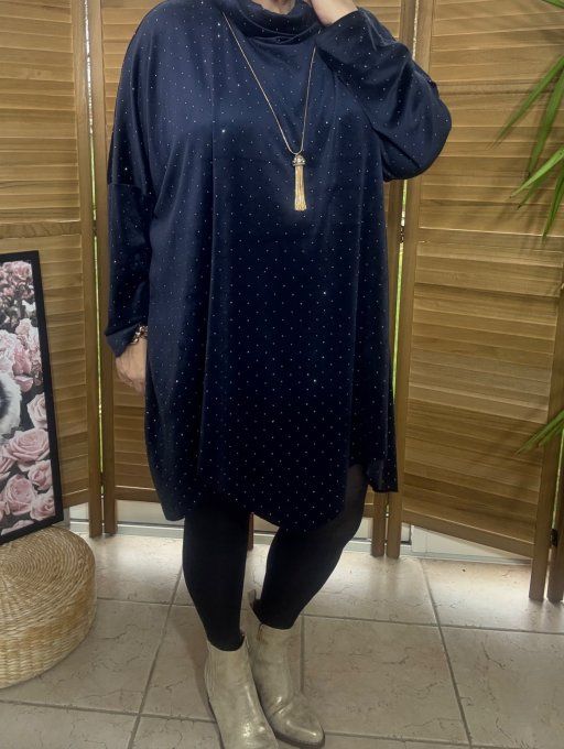 Robe ou tunique asymétrique velours ras bleu nuit strass paillettes argentées du 42 au 54/56