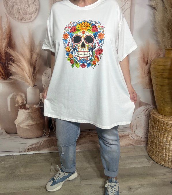 Tee-shirt oversize coton crème imprimé Mexican Skulls Calavera douceur +++ du 40 au 52/54
