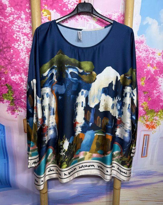 Ensemble tunique + pantalon palazzo cuisses larges satiné marine Gauguin Spirit du 40 au 50/52