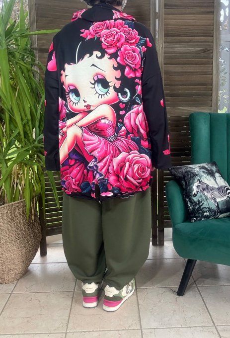 Sweat fin à capuche long noir Betty Boop aux roses roses du 40 au 52/54  