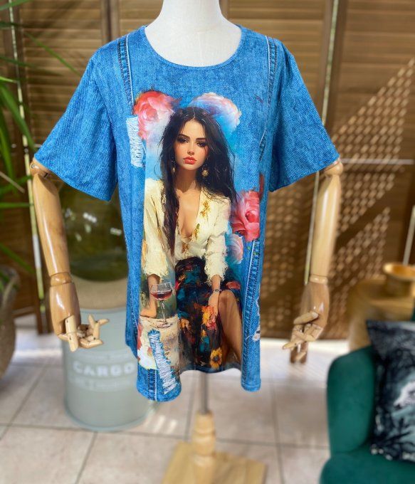 Top fluide trapèze effet jeans délavé La Fillette aux Roses du 38 au 50/52
