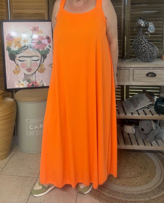 Robe trapèze longue à bretelles larges orange côtelée du 40 au au 52/54  