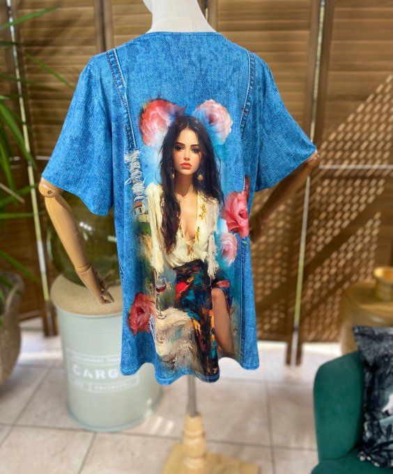Top fluide trapèze effet jeans délavé La Fillette aux Roses du 38 au 50/52